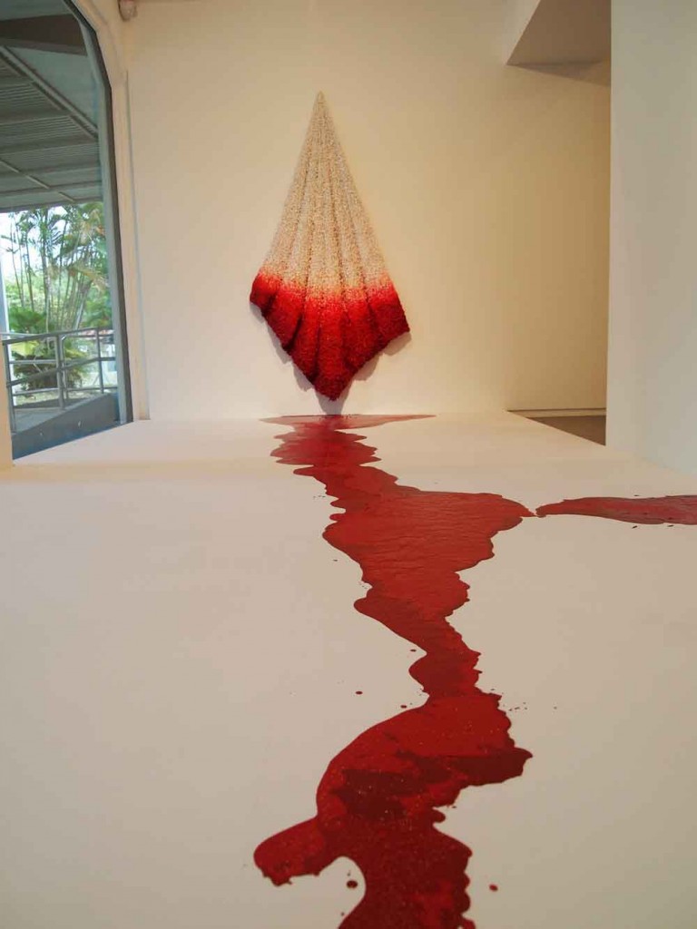 Jane Lee, Solid Turn Liquid (detail), 2015, mixed media on fiberglass canvas and poured enamel, in three parts, dimensions vary with installation