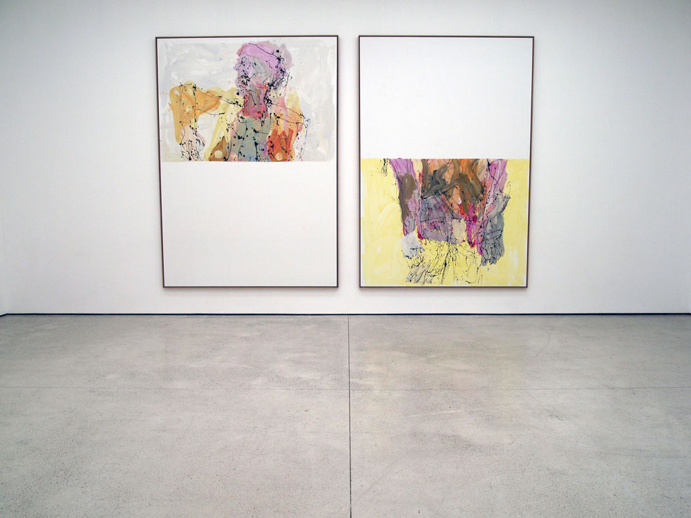 In London gewesen, niemand getroffen, 2011, Oil on canvas. 300 x 215 cm (left) In London nitcht, aber in Aarhus schon, 2011, Oil on canvas. 300 x 206 cm (right)