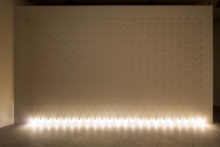 Jonathan Jones, Lumination fall wall weave, 2006-2015, Electrical cable, light fittings, bulbs. Image courtesy Singapore Art Museum