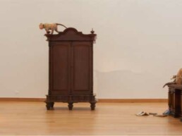 Monkeys in the House, 3 Imitate Monkeys, Desk, Cabinet, Books, Dimensions Variable, 2014 by Thai artist Sakarin Krue-On