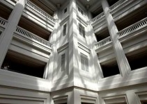 Water feature on glass roof of City Hall building