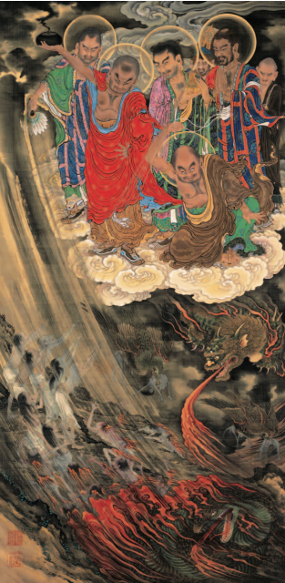 Kano Kazunobu
Scroll 22 (“The Six Realms: Hell”), Five Hundred End of Edo period,
Ink and color on silk
172.3 x 85.3 cm
Collection of Zojoji Temple, Tokyo