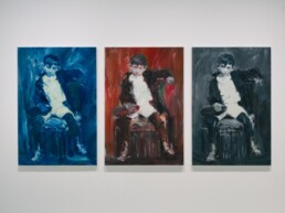 Young Pablo Picasso triptych by Yan Pei-Ming. Yan Pei-Ming Blue, red and black Young Picasso, 2016, Ex. Unique, Oil on canvas 150 x 100 cm 59 x 39 inches, Courtesy MDC Hong Kong