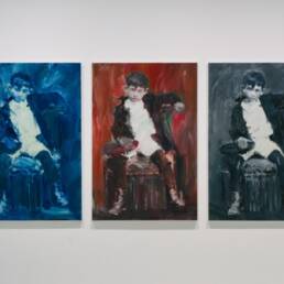 Young Pablo Picasso triptych by Yan Pei-Ming. Yan Pei-Ming Blue, red and black Young Picasso, 2016, Ex. Unique, Oil on canvas 150 x 100 cm 59 x 39 inches, Courtesy MDC Hong Kong