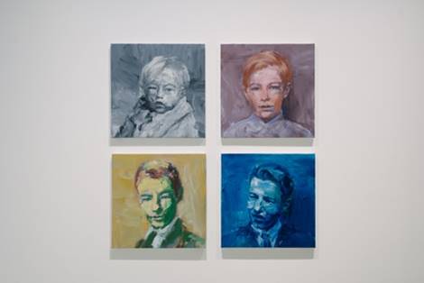 Installation view of Yan Pei-Ming’s Young Andy Warhol. Top Left: Yan Pei-Ming Grey Young Andy Warhol, 2016, Ex. Unique, Oil on canvas 60 x 60 cm / 23 5/8 x 23 5/8 inches, Courtesy MDC Hong Kong Top Right: Yan Pei-Ming Pink Young Andy Warhol, 2016, Ex. Unique, Oil on canvas 60 x 60 cm / 23 5/8 x 23 5/8 inches, Courtesy MDC Hong Kong Bottom Left: Yan Pei-Ming Green and yellow Young Andy Warhol, 2016, Ex. Unique, Oil on canvas 60 x 60 cm / 23 5/8 x 23 5/8 inches, Courtesy MDC Hong Kong Bottom Right: Yan Pei-Ming Blue Young Andy Warhol, 2016, Ex. Unique, Oil on canvas 60 x 60 cm / 23 5/8 x 23 5/8 inches, Courtesy MDC Hong Kong