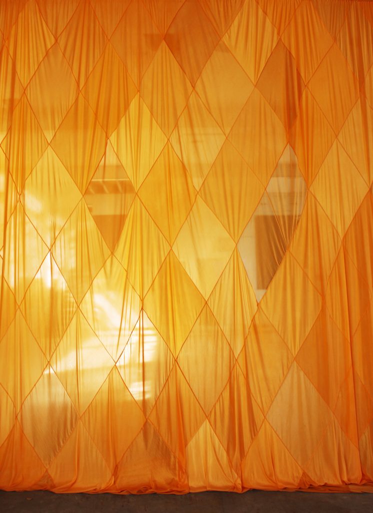 Spong, Sriwhana, Villa America, 2012, silk dyed in Fanta, 463 x 1600 cm. © Courtesy the artist and Michael Lett