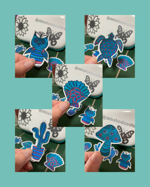 Debbie Ho - Sticker bundle 1 - Seashell, Owl, Turtle, Cactus 1, Mushroom